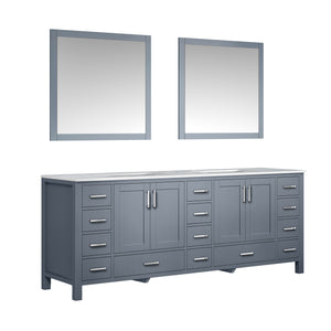 Jacques 84" Dark Grey Double Vanity, White Carrara Marble Top, White Square Sinks and 34" Mirrors - LJ342284DBDSM34