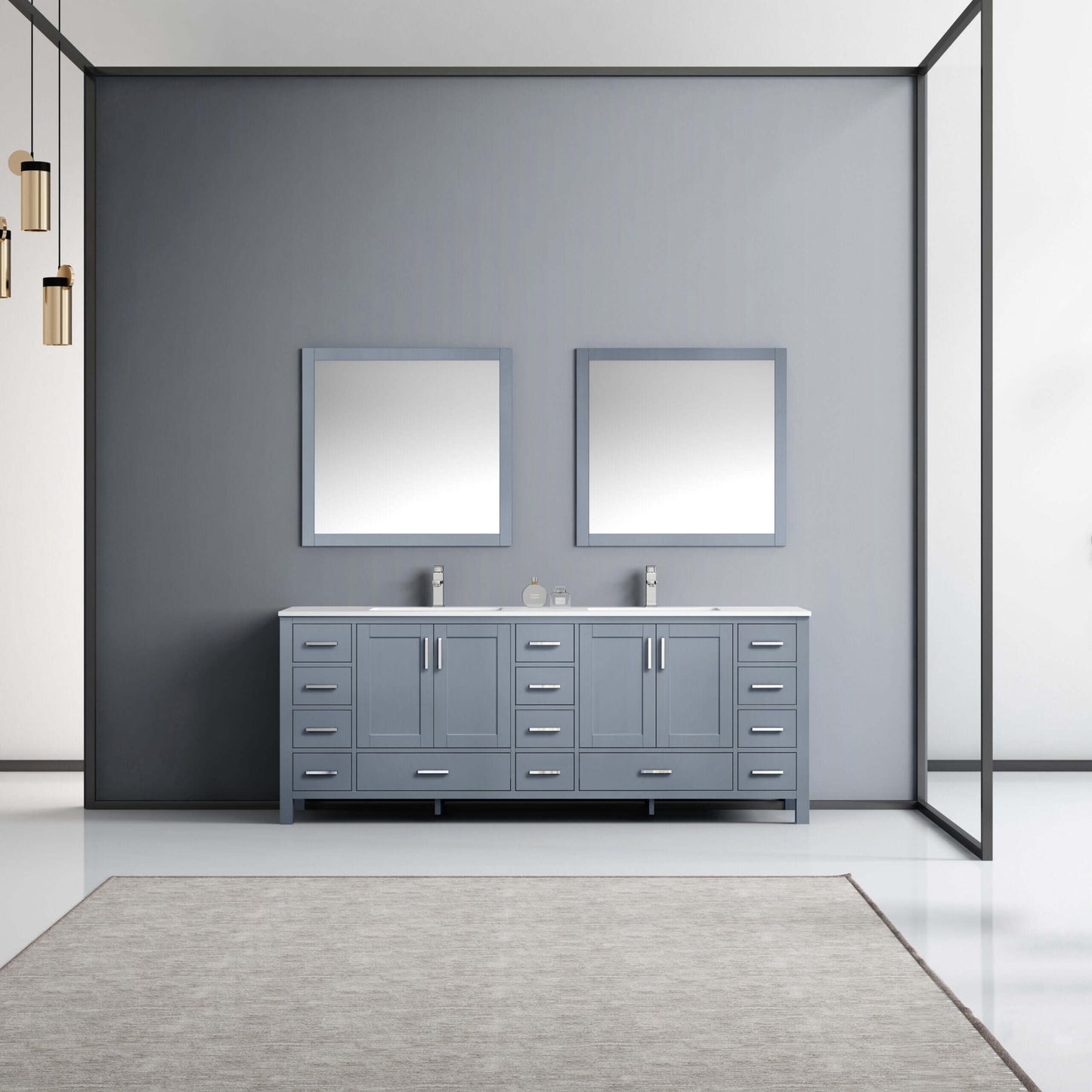 Jacques 84" Dark Grey Double Vanity, White Quartz Top, White Square Sinks and 34" Mirrors - LJ342284DBWQM34