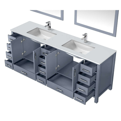 Jacques 84" Dark Grey Double Vanity, White Quartz Top, White Square Sinks and 34" Mirrors - LJ342284DBWQM34