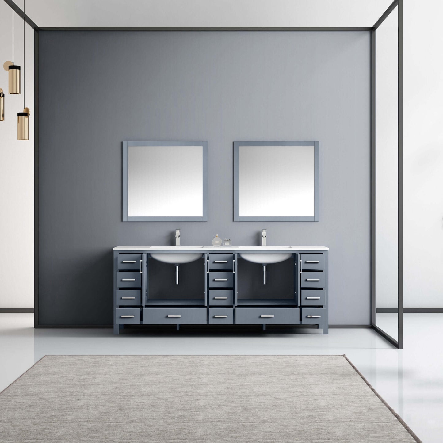 Jacques 84" Dark Grey Double Vanity, White Quartz Top, White Square Sinks and 34" Mirrors - LJ342284DBWQM34