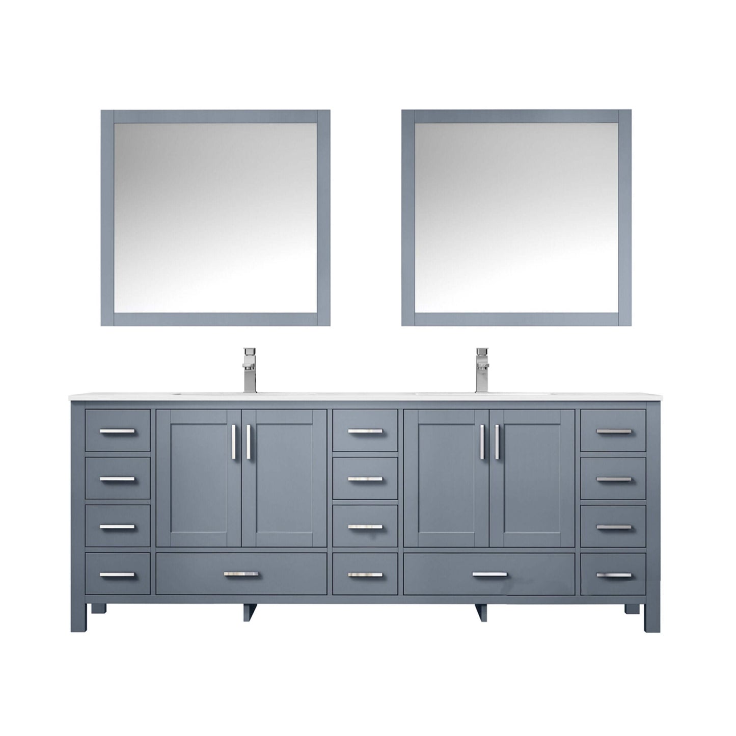 Jacques 84" Dark Grey Double Vanity, White Quartz Top, White Square Sinks and 34" Mirrors - LJ342284DBWQM34