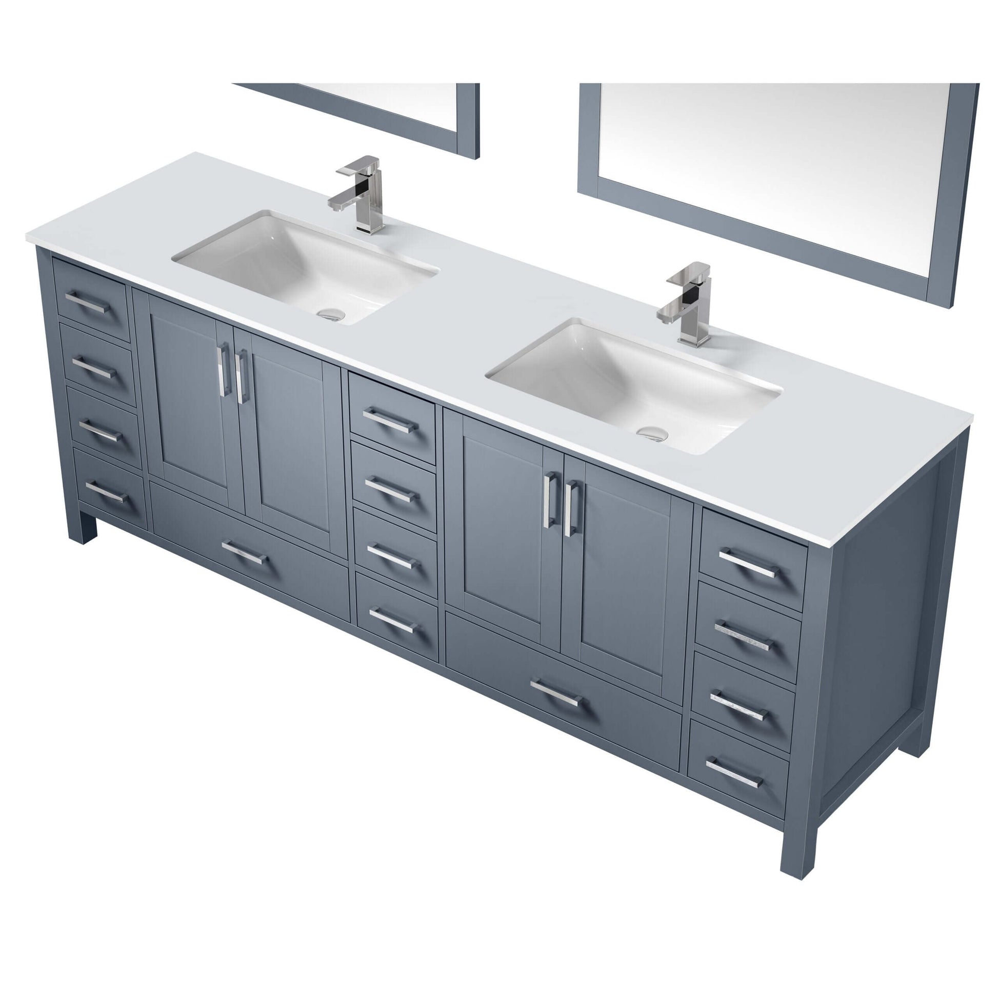 Jacques 84" Dark Grey Double Vanity, White Quartz Top, White Square Sinks and 34" Mirrors - LJ342284DBWQM34