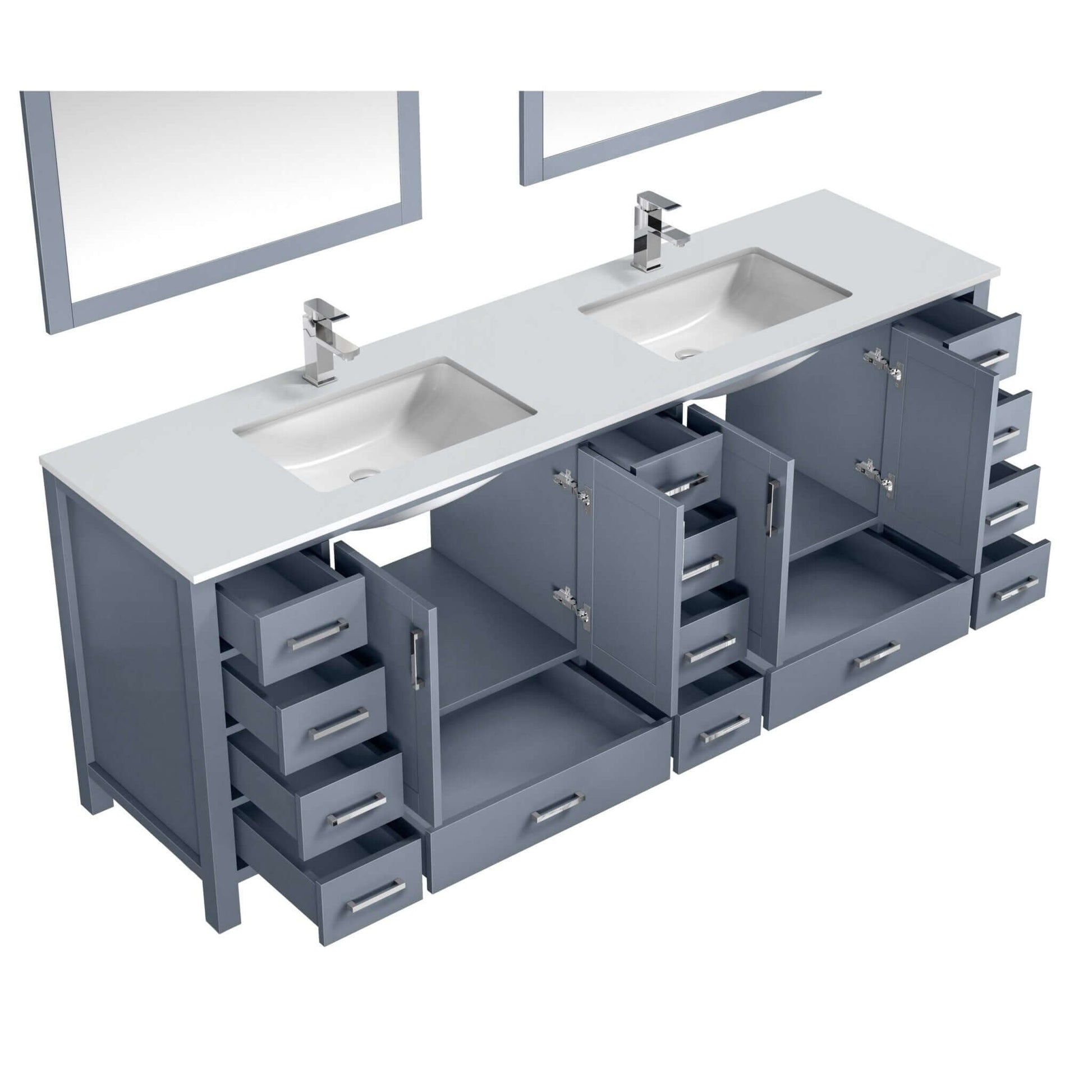 Jacques 84" Dark Grey Double Vanity, White Quartz Top, White Square Sinks and 34" Mirrors - LJ342284DBWQM34