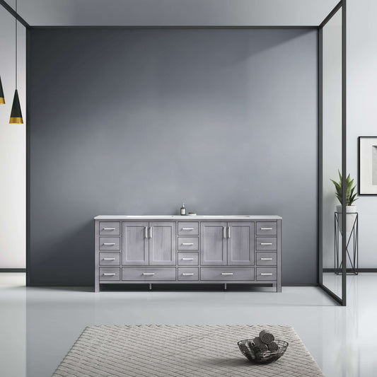 Jacques 84" Distressed Grey Double Vanity, White Carrara Marble Top, White Square Sinks and no Mirror - LJ342284DDDS000