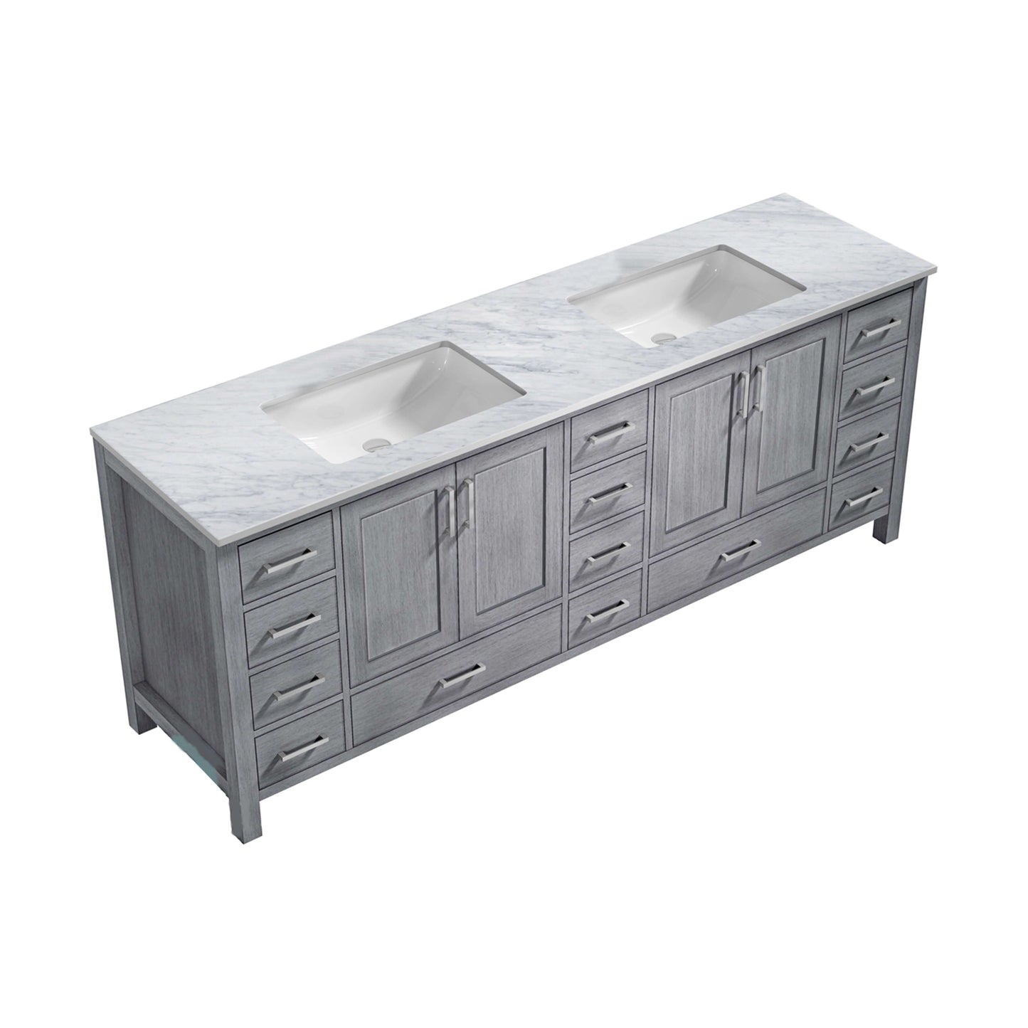 Jacques 84" Distressed Grey Double Vanity, White Carrara Marble Top, White Square Sinks and no Mirror - LJ342284DDDS000