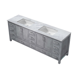 Jacques 84" Distressed Grey Double Vanity, White Carrara Marble Top, White Square Sinks and no Mirror - LJ342284DDDS000