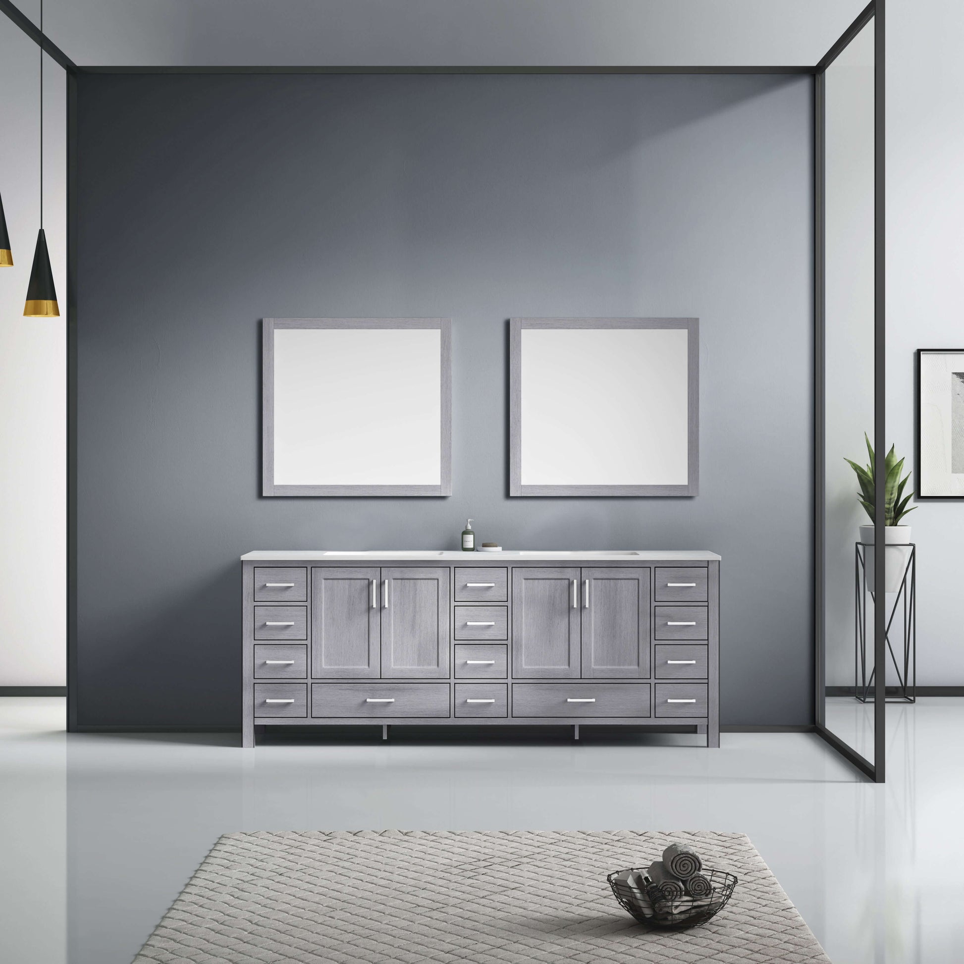 Jacques 84" Distressed Grey Double Vanity, White Carrara Marble Top, White Square Sinks and 34" Mirrors - LJ342284DDDSM34