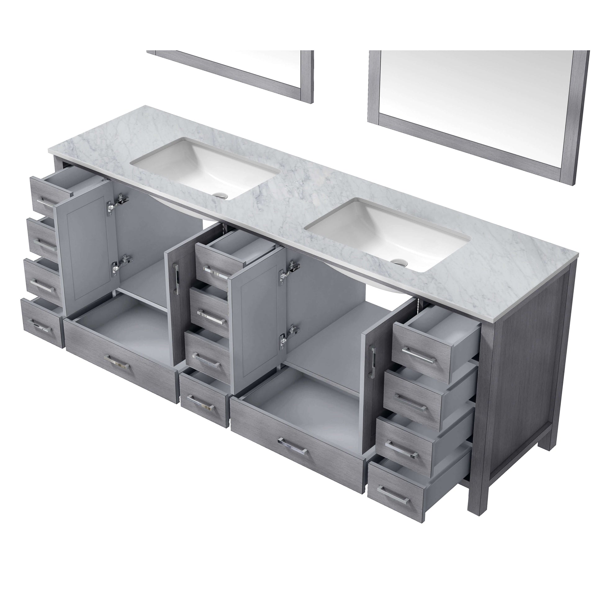 Jacques 84" Distressed Grey Double Vanity, White Carrara Marble Top, White Square Sinks and 34" Mirrors - LJ342284DDDSM34