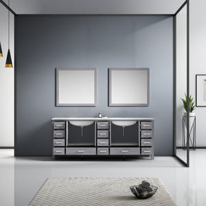 Jacques 84" Distressed Grey Double Vanity, White Carrara Marble Top, White Square Sinks and 34" Mirrors - LJ342284DDDSM34