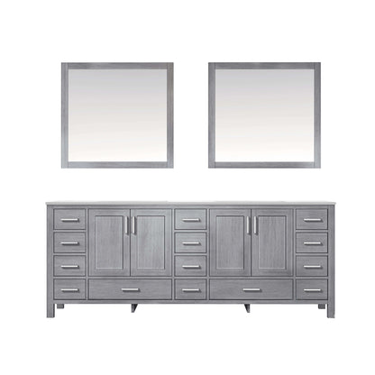 Jacques 84" Distressed Grey Double Vanity, White Carrara Marble Top, White Square Sinks and 34" Mirrors - LJ342284DDDSM34