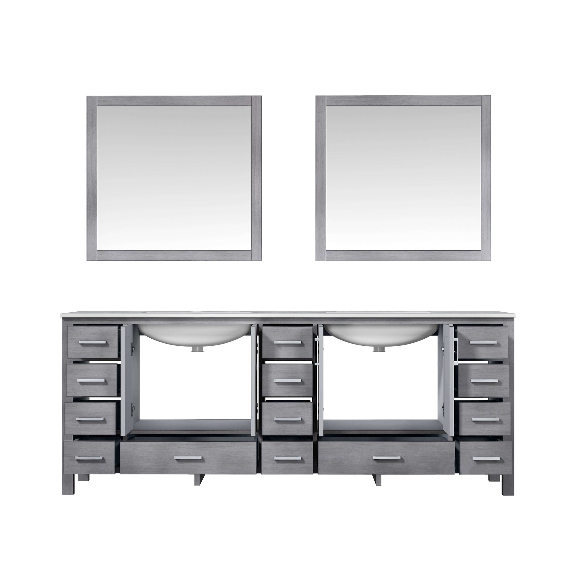 Jacques 84" Distressed Grey Double Vanity, White Carrara Marble Top, White Square Sinks and 34" Mirrors - LJ342284DDDSM34