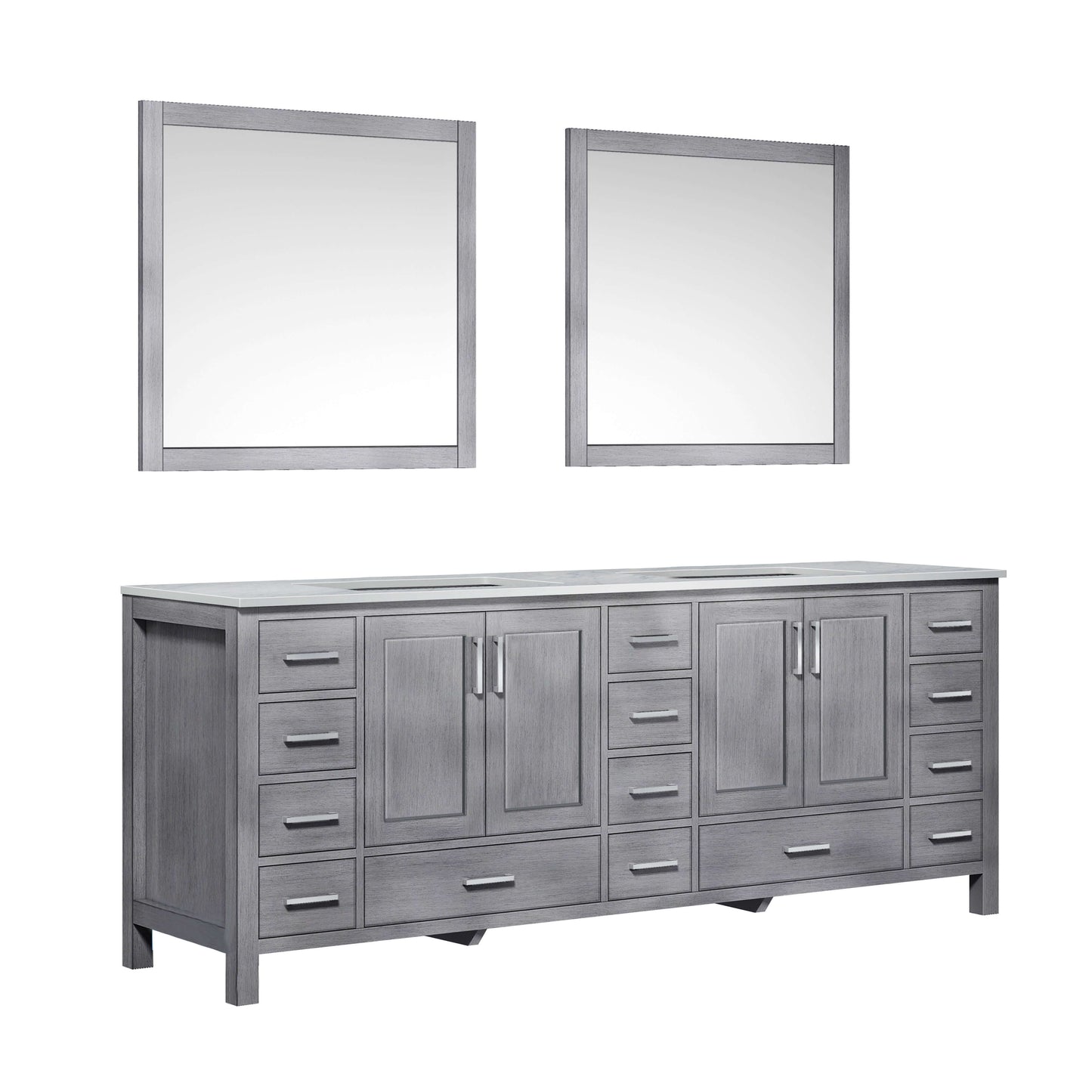 Jacques 84" Distressed Grey Double Vanity, White Carrara Marble Top, White Square Sinks and 34" Mirrors - LJ342284DDDSM34