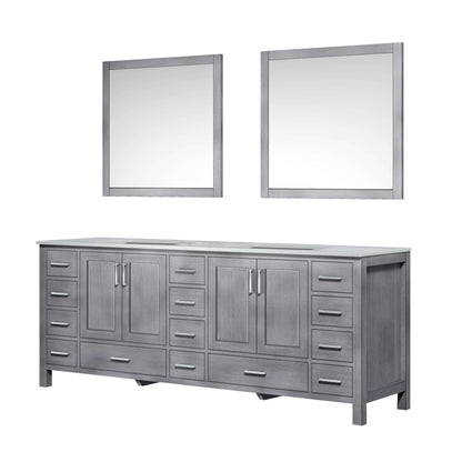 Jacques 84" Distressed Grey Double Vanity, White Carrara Marble Top, White Square Sinks and 34" Mirrors - LJ342284DDDSM34