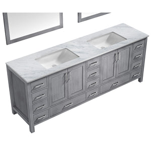 Jacques 84" Distressed Grey Double Vanity, White Carrara Marble Top, White Square Sinks and 34" Mirrors - LJ342284DDDSM34