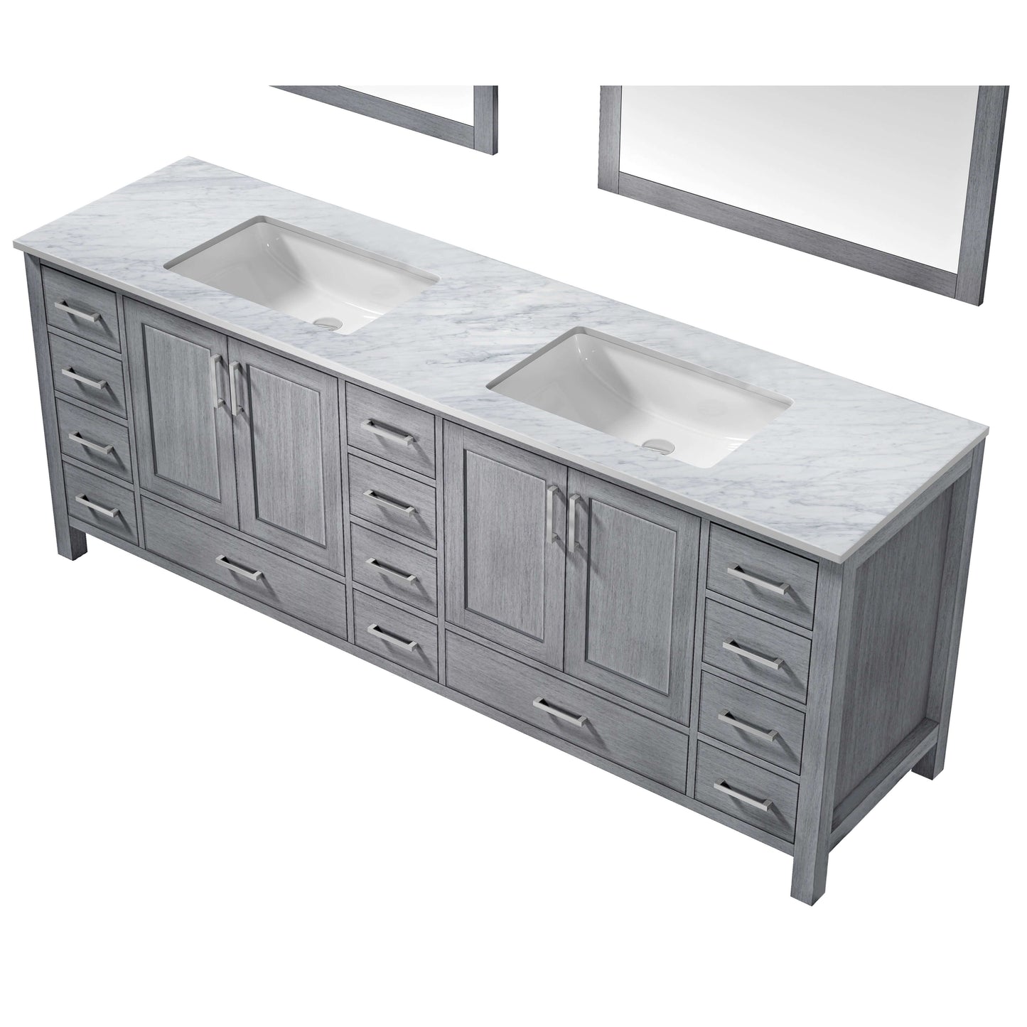 Jacques 84" Distressed Grey Double Vanity, White Carrara Marble Top, White Square Sinks and 34" Mirrors - LJ342284DDDSM34