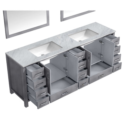 Jacques 84" Distressed Grey Double Vanity, White Carrara Marble Top, White Square Sinks and 34" Mirrors - LJ342284DDDSM34