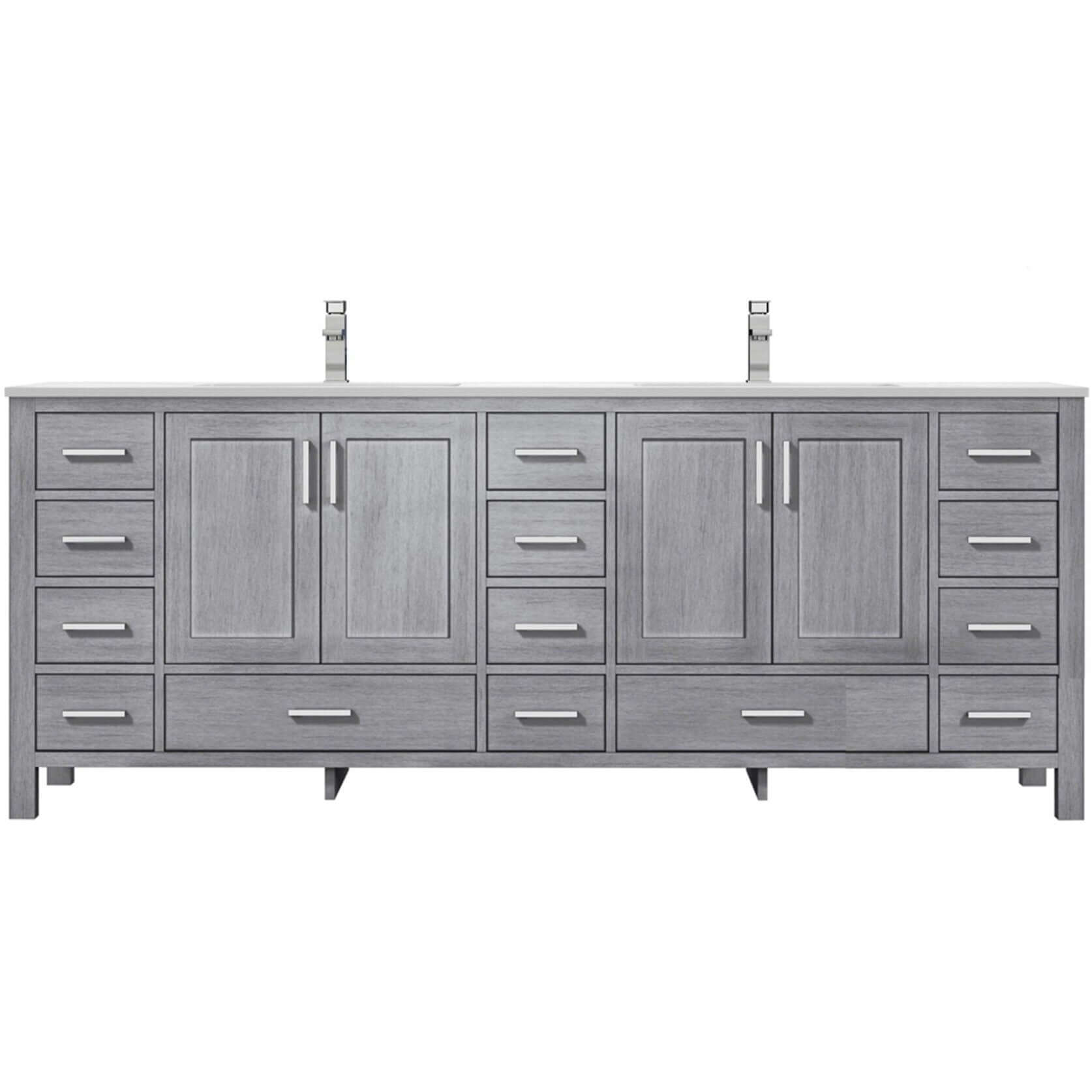 Jacques 84" Distressed Grey Double Vanity, White Quartz Top, White Square Sinks and no Mirror - LJ342284DDWQ000