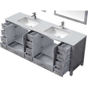 Jacques 84" Distressed Grey Double Vanity, White Quartz Top, White Square Sinks and no Mirror - LJ342284DDWQ000