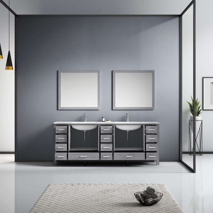 Jacques 84" Distressed Grey Double Vanity, White Quartz Top, White Square Sinks and 34" Mirrors - LJ342284DDWQM34