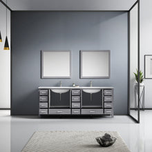 Load image into Gallery viewer, Jacques 84&quot; Distressed Grey Double Vanity, White Quartz Top, White Square Sinks and 34&quot; Mirrors - LJ342284DDWQM34