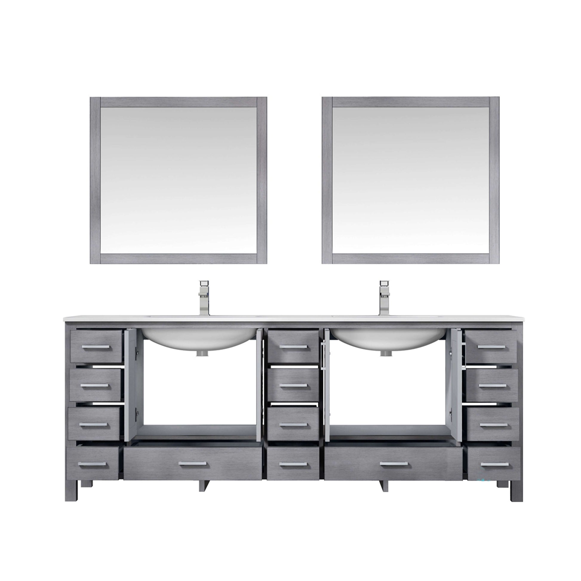 Jacques 84" Distressed Grey Double Vanity, White Quartz Top, White Square Sinks and 34" Mirrors - LJ342284DDWQM34