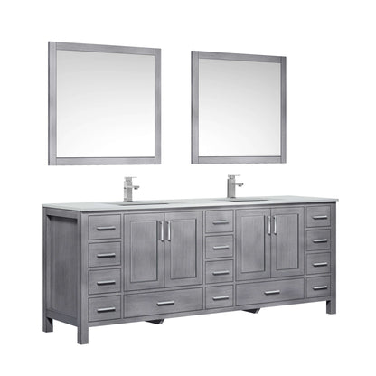 Jacques 84" Distressed Grey Double Vanity, White Quartz Top, White Square Sinks and 34" Mirrors - LJ342284DDWQM34