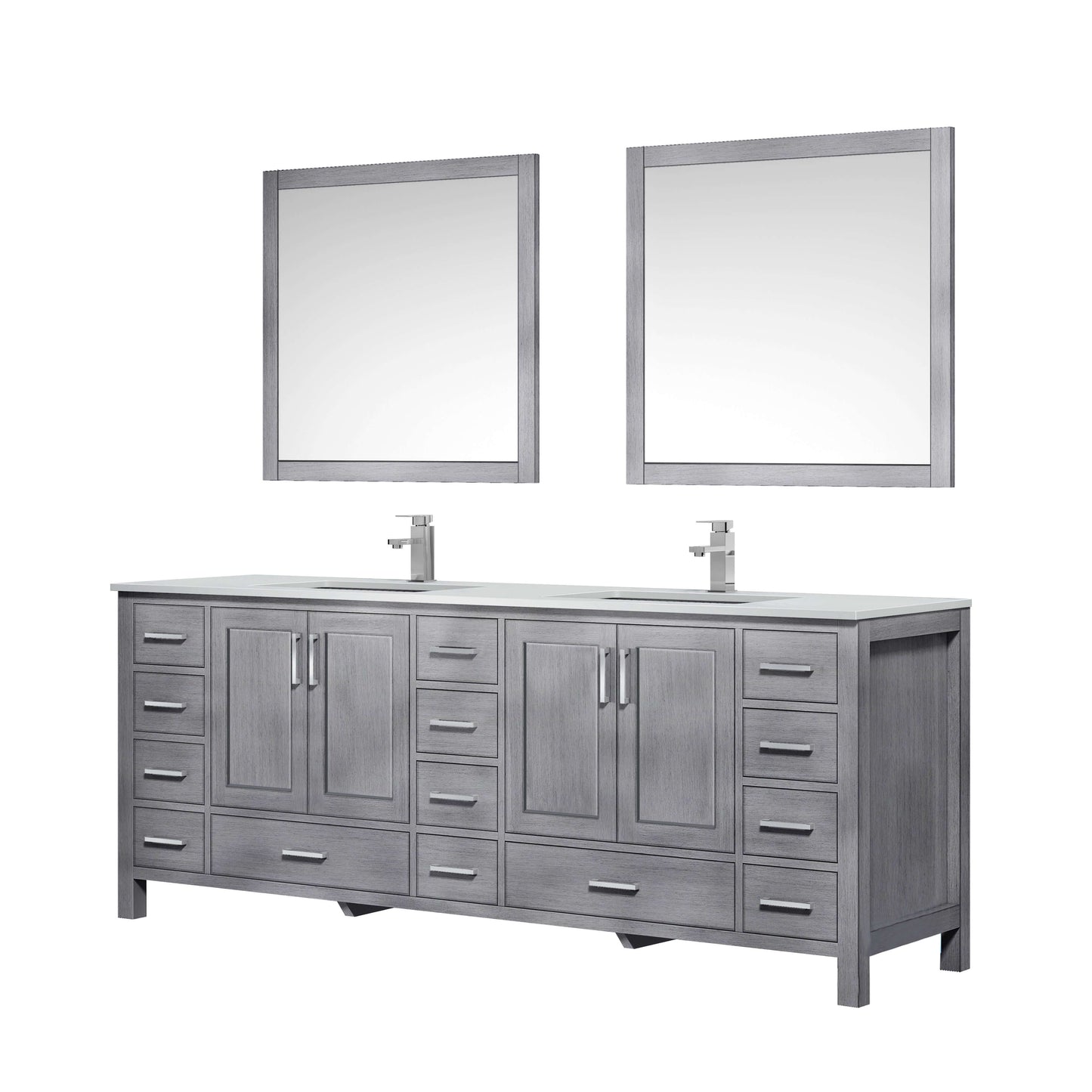 Jacques 84" Distressed Grey Double Vanity, White Quartz Top, White Square Sinks and 34" Mirrors - LJ342284DDWQM34