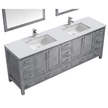 Load image into Gallery viewer, Jacques 84&quot; Distressed Grey Double Vanity, White Quartz Top, White Square Sinks and 34&quot; Mirrors - LJ342284DDWQM34