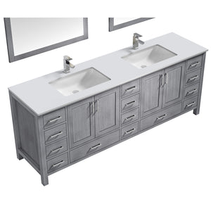 Jacques 84" Distressed Grey Double Vanity, White Quartz Top, White Square Sinks and 34" Mirrors - LJ342284DDWQM34
