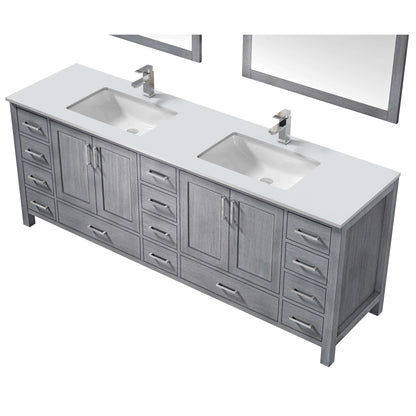 Jacques 84" Distressed Grey Double Vanity, White Quartz Top, White Square Sinks and 34" Mirrors - LJ342284DDWQM34