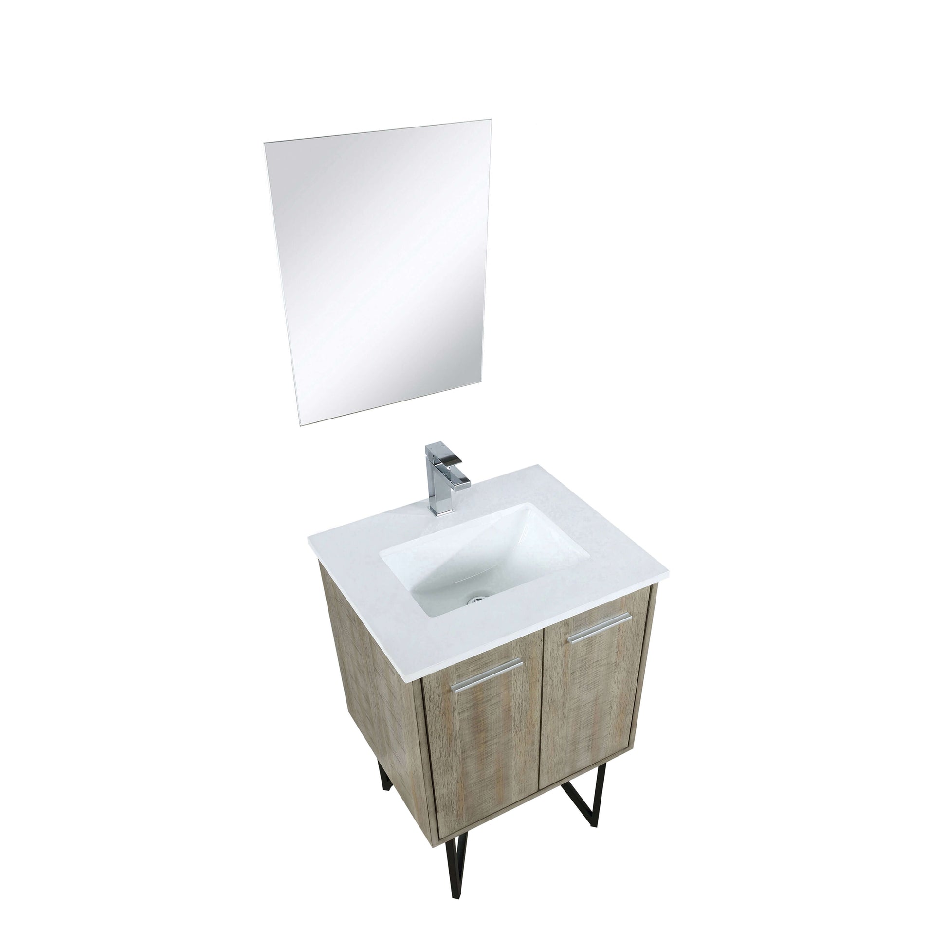 Lancy 24" Rustic Acacia Bathroom Vanity, White Quartz Top, White Square Sink, Labaro Brushed Nickel Faucet Set, and 18" Frameless Mirror - LLC24SKSOSM18FCH