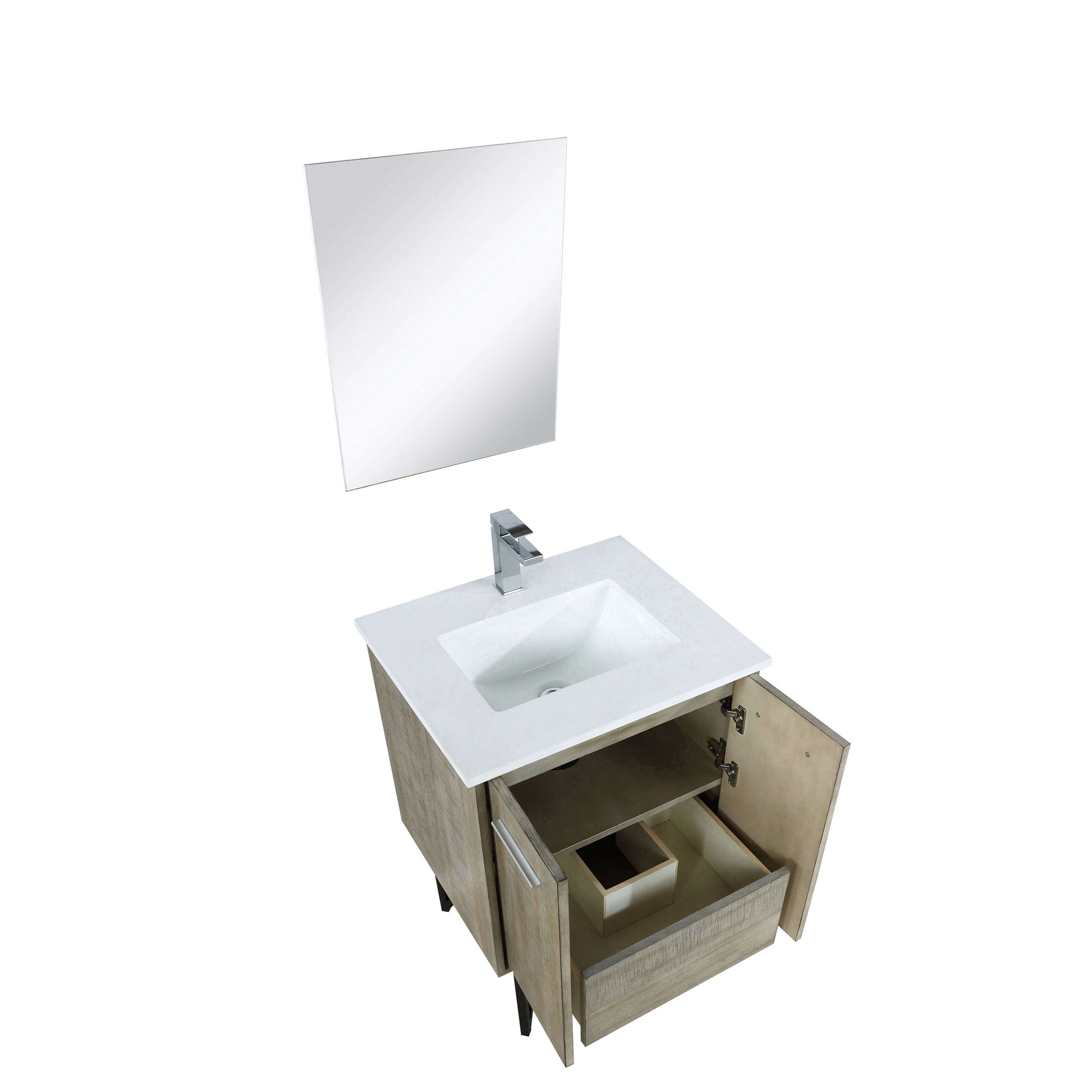 Lancy 24" Rustic Acacia Bathroom Vanity, White Quartz Top, White Square Sink, Labaro Brushed Nickel Faucet Set, and 18" Frameless Mirror - LLC24SKSOSM18FCH