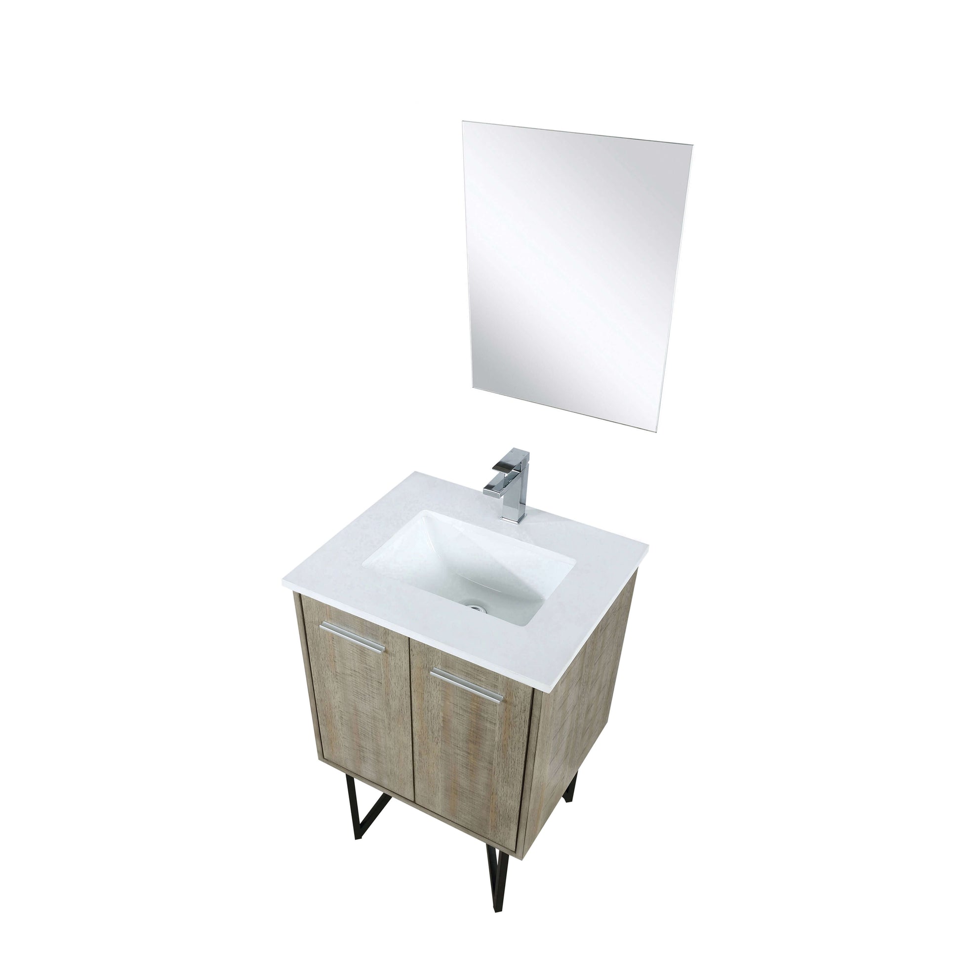 Lancy 24" Rustic Acacia Bathroom Vanity, White Quartz Top, White Square Sink, Labaro Brushed Nickel Faucet Set, and 18" Frameless Mirror - LLC24SKSOSM18FCH