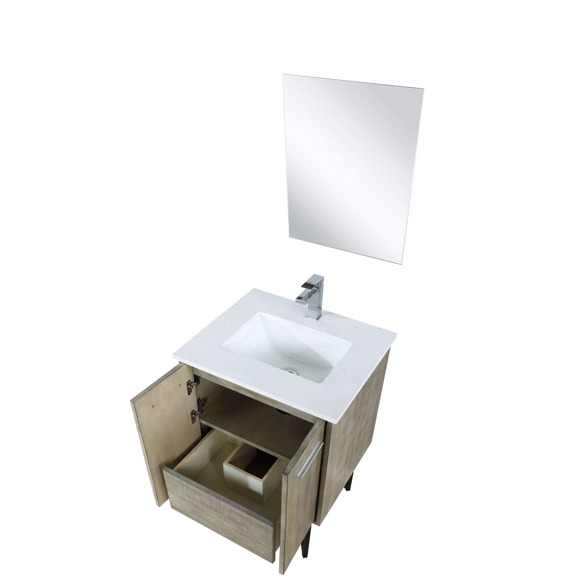 Lancy 24" Rustic Acacia Bathroom Vanity, White Quartz Top, White Square Sink, Labaro Brushed Nickel Faucet Set, and 18" Frameless Mirror - LLC24SKSOSM18FCH