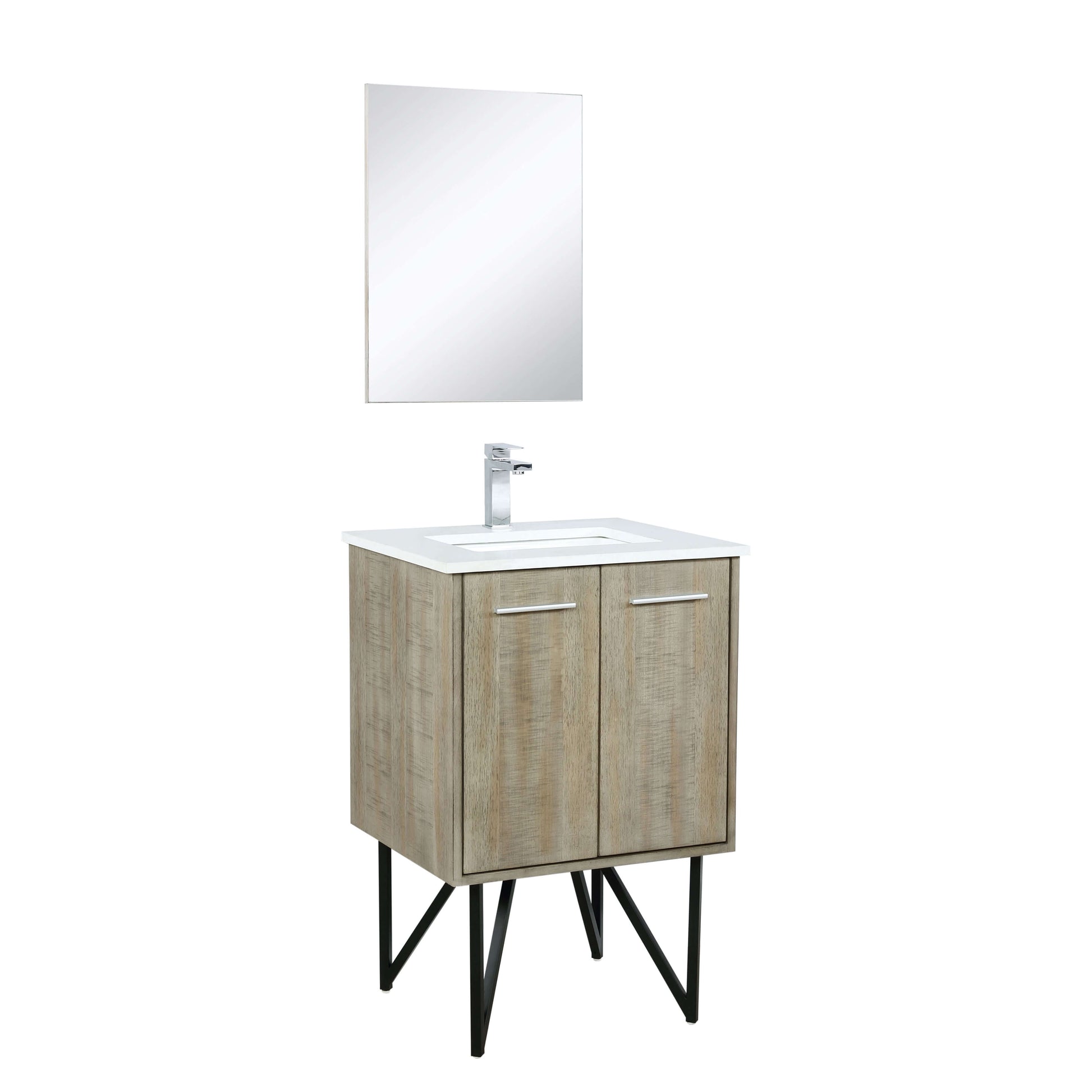 Lancy 24" Rustic Acacia Bathroom Vanity, White Quartz Top, White Square Sink, Labaro Brushed Nickel Faucet Set, and 18" Frameless Mirror - LLC24SKSOSM18FCH