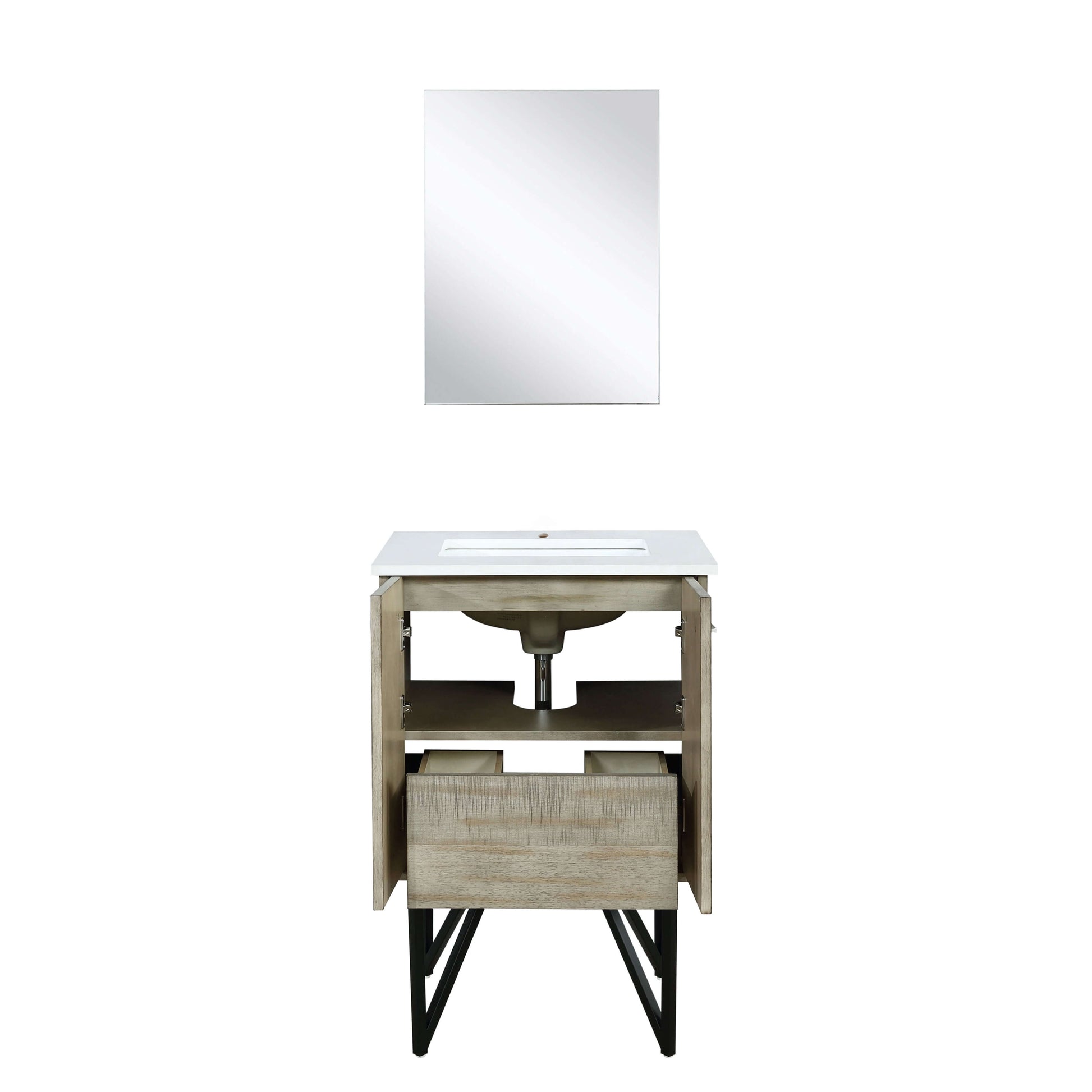 Lancy 24" Rustic Acacia Bathroom Vanity, White Quartz Top, White Square Sink, and 18" Frameless Mirror - LLC24SKSOSM18