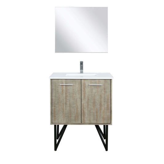 Lancy 30" Rustic Acacia Bathroom Vanity, White Quartz Top, White Square Sink, Labaro Brushed Nickel Faucet Set, and 28" Frameless Mirror - LLC30SKSOSM28FCH