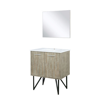 Lancy 30" Rustic Acacia Bathroom Vanity, White Quartz Top, White Square Sink, and 28" Frameless Mirror - LLC30SKSOSM28