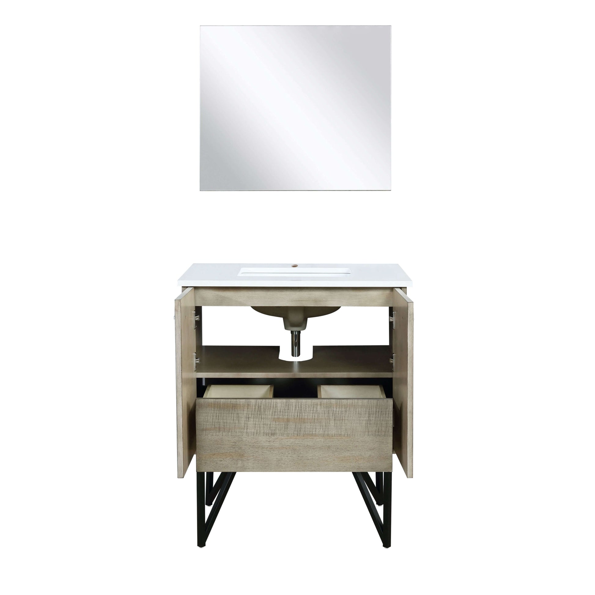 Lancy 30" Rustic Acacia Bathroom Vanity, White Quartz Top, White Square Sink, and 28" Frameless Mirror - LLC30SKSOSM28