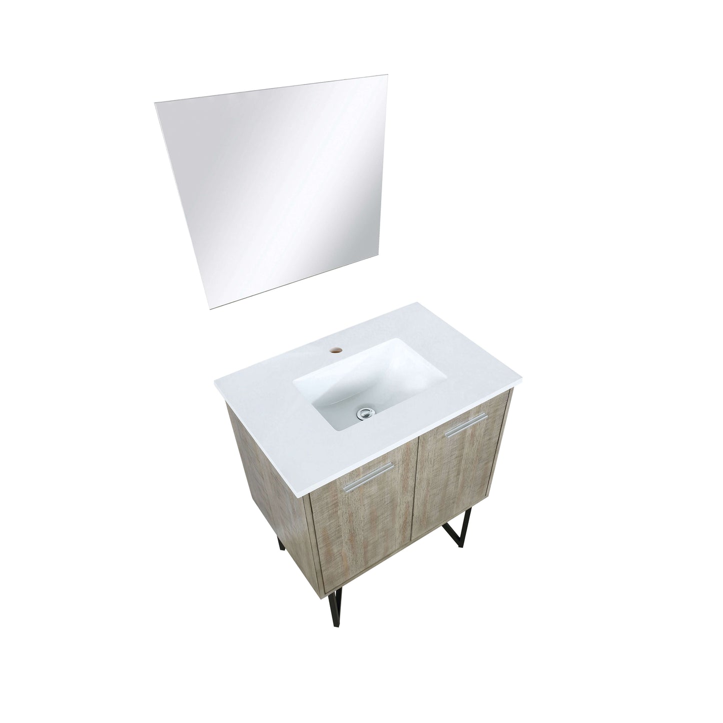 Lancy 30" Rustic Acacia Bathroom Vanity, White Quartz Top, White Square Sink, and 28" Frameless Mirror - LLC30SKSOSM28