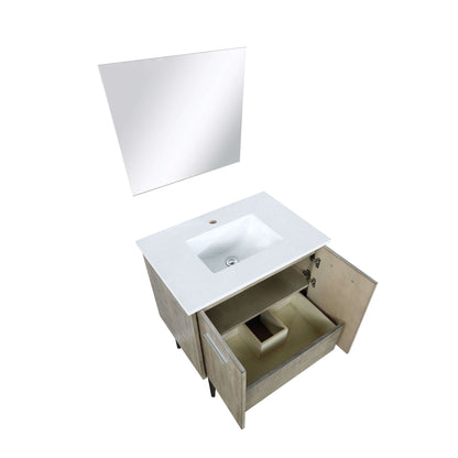 Lancy 30" Rustic Acacia Bathroom Vanity, White Quartz Top, White Square Sink, and 28" Frameless Mirror - LLC30SKSOSM28