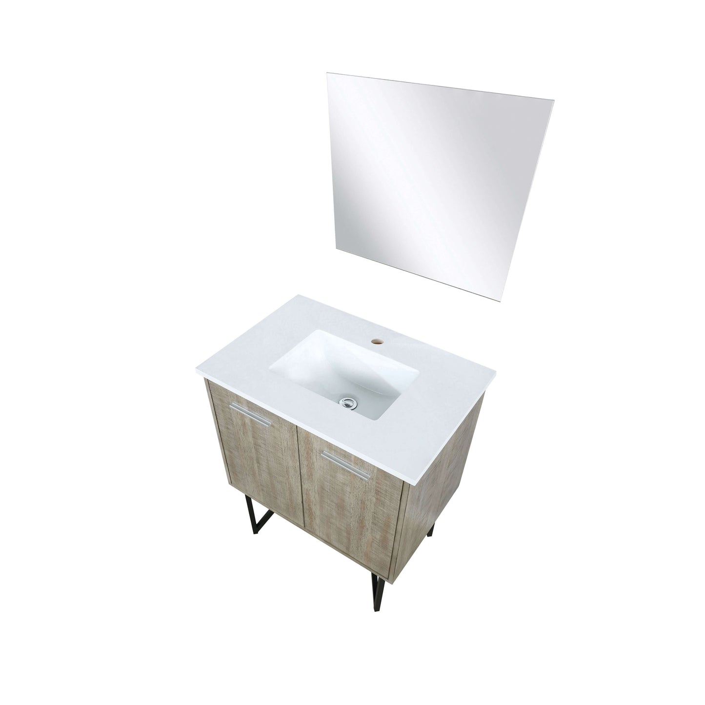 Lancy 30" Rustic Acacia Bathroom Vanity, White Quartz Top, White Square Sink, and 28" Frameless Mirror - LLC30SKSOSM28