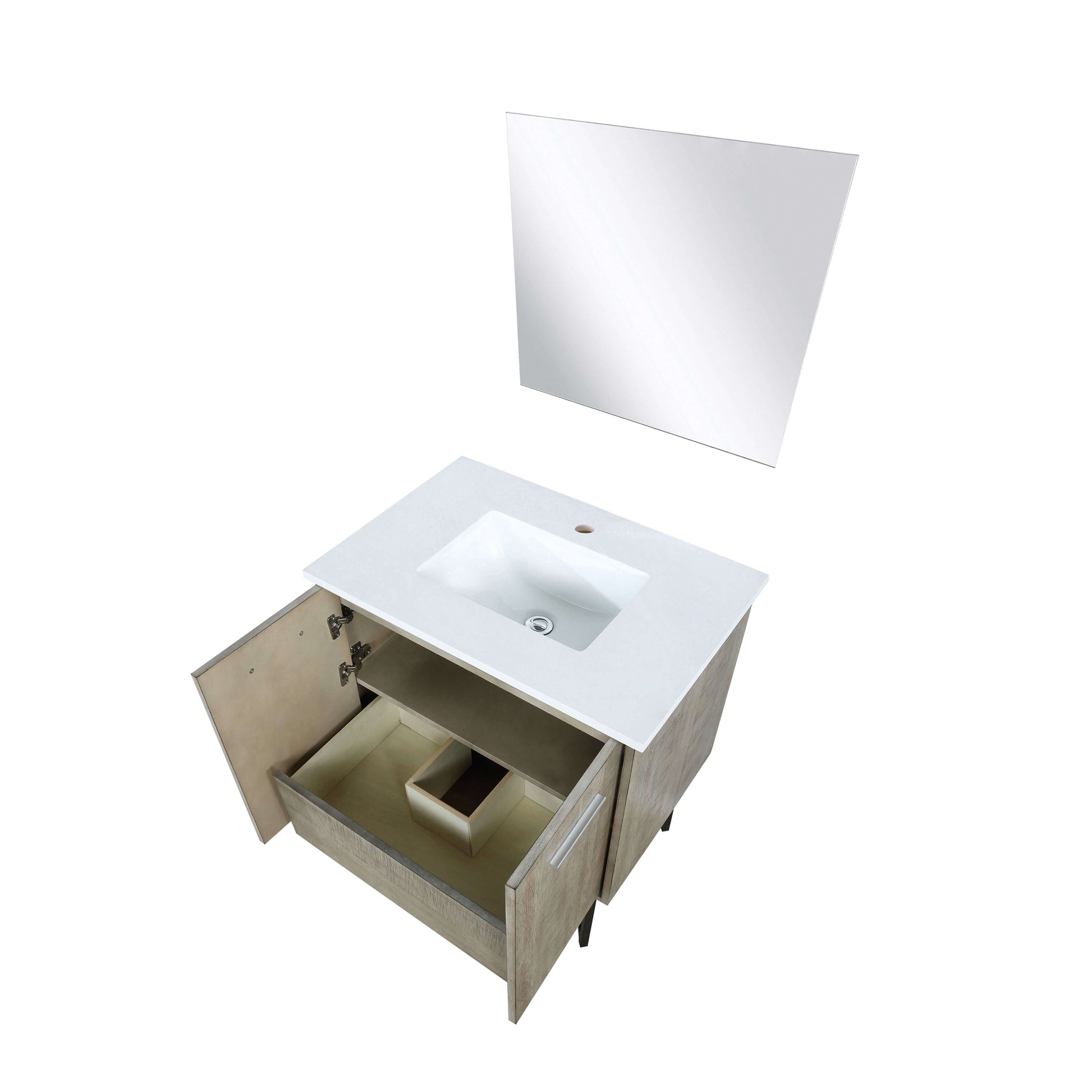 Lancy 30" Rustic Acacia Bathroom Vanity, White Quartz Top, White Square Sink, and 28" Frameless Mirror - LLC30SKSOSM28