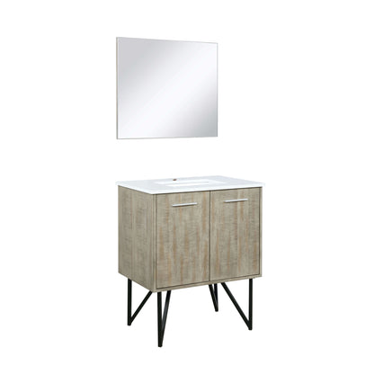 Lancy 30" Rustic Acacia Bathroom Vanity, White Quartz Top, White Square Sink, and 28" Frameless Mirror - LLC30SKSOSM28