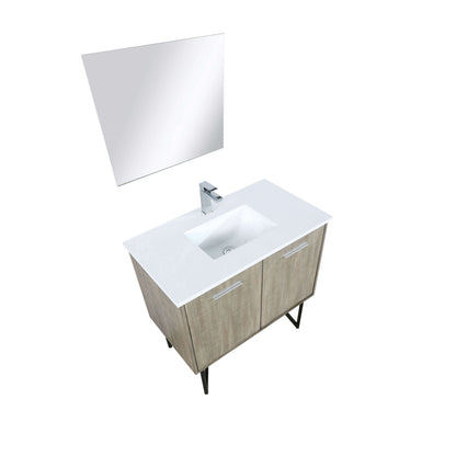 Lancy 36" Rustic Acacia Bathroom Vanity, White Quartz Top, White Square Sink, Labaro Brushed Nickel Faucet Set, and 28" Frameless Mirror - LLC36SKSOSM28FCH