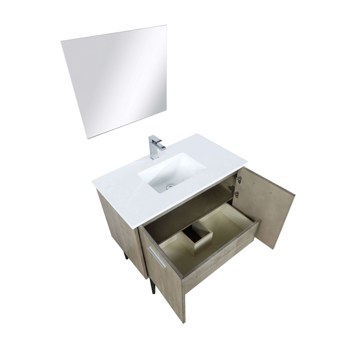 Lancy 36" Rustic Acacia Bathroom Vanity, White Quartz Top, White Square Sink, Labaro Brushed Nickel Faucet Set, and 28" Frameless Mirror - LLC36SKSOSM28FCH