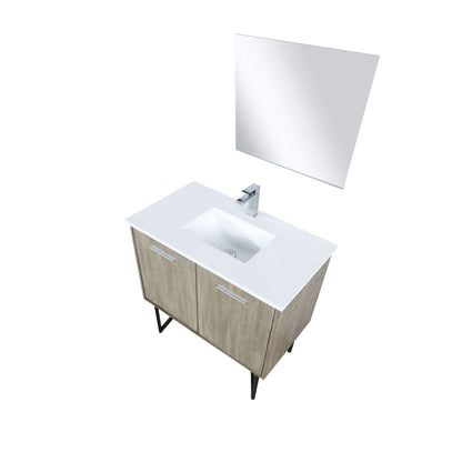Lancy 36" Rustic Acacia Bathroom Vanity, White Quartz Top, White Square Sink, Labaro Brushed Nickel Faucet Set, and 28" Frameless Mirror - LLC36SKSOSM28FCH