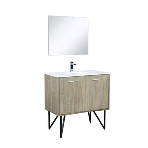 Lancy 36" Rustic Acacia Bathroom Vanity, White Quartz Top, White Square Sink, Labaro Brushed Nickel Faucet Set, and 28" Frameless Mirror - LLC36SKSOSM28FCH