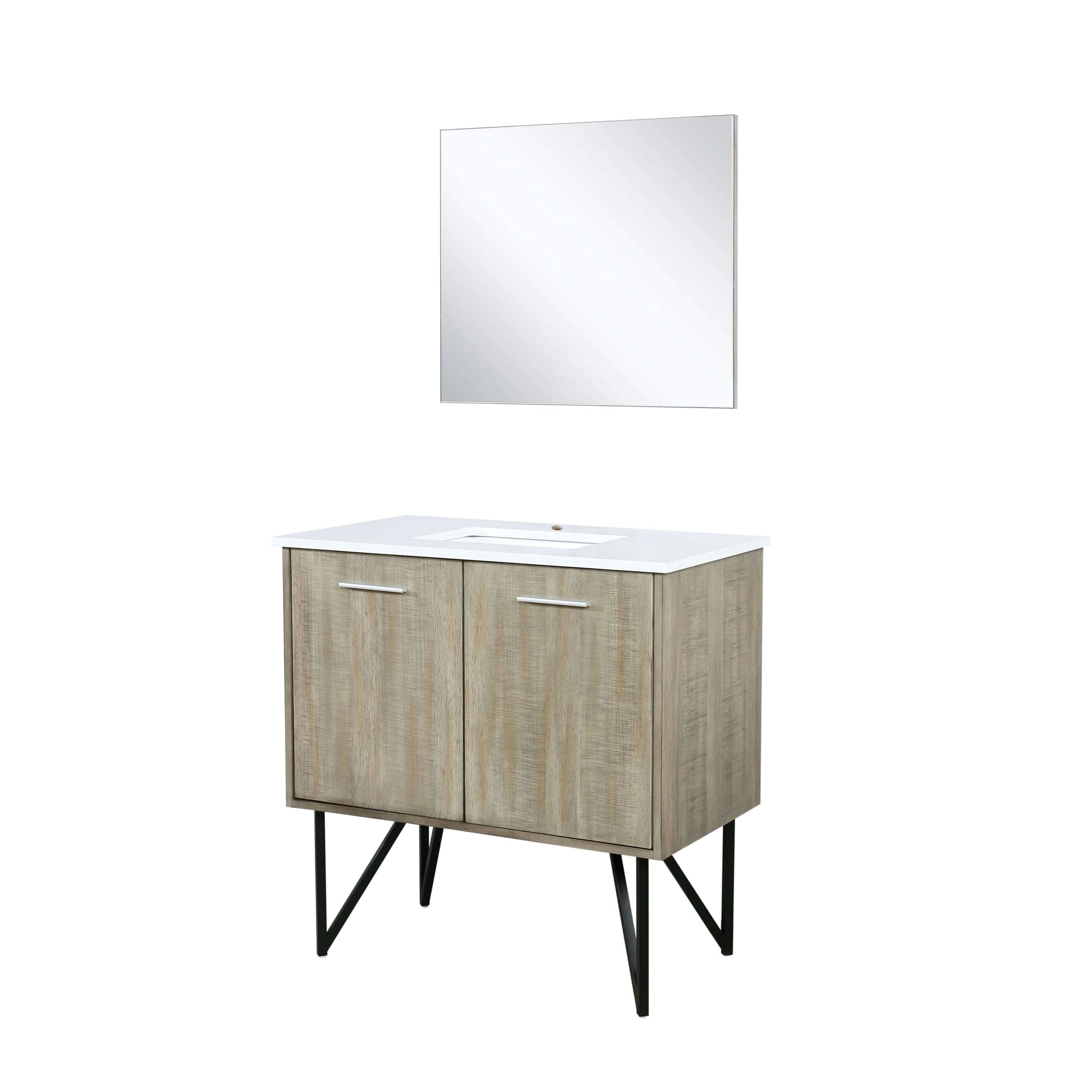 Lancy 36" Rustic Acacia Bathroom Vanity, White Quartz Top, White Square Sink, and 28" Frameless Mirror - LLC36SKSOSM28