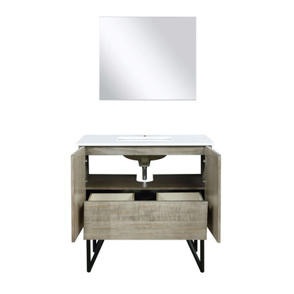 Lancy 36" Rustic Acacia Bathroom Vanity, White Quartz Top, White Square Sink, and 28" Frameless Mirror - LLC36SKSOSM28